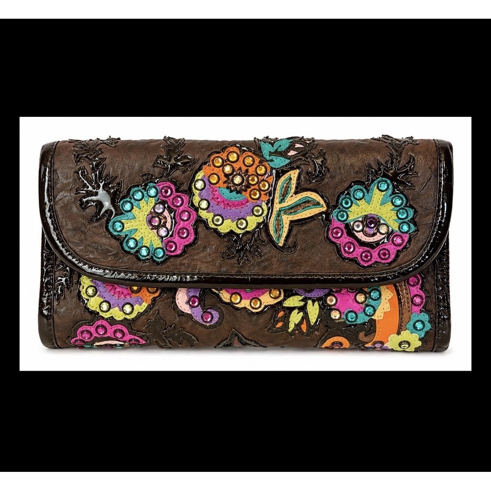 Kippy's Coronado California Leather Wallet Floral Rhinestone Heart Brown 8"